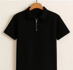 PREMIUM FRILL FABRIC HALF ZIP COLLAR T SHIRT