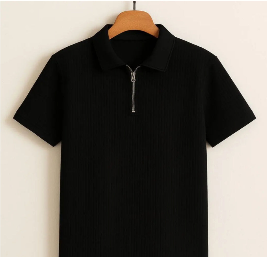 PREMIUM FRILL FABRIC HALF ZIP COLLAR T SHIRT