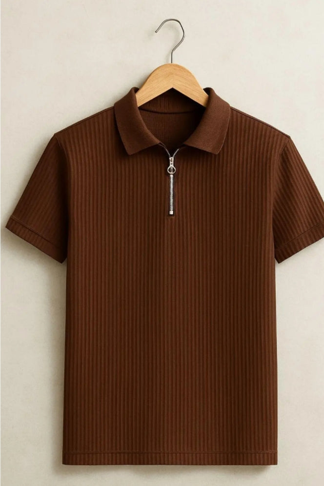 PREMIUM FRILL FABRIC HALF ZIP COLLAR T SHIRT