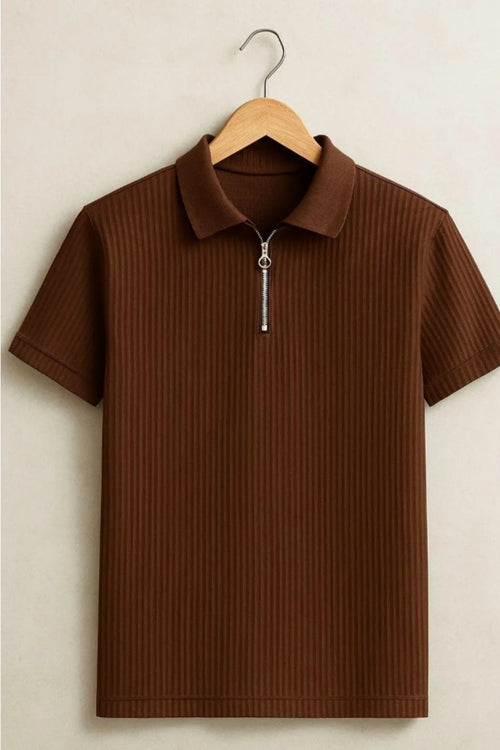 PREMIUM FRILL FABRIC HALF ZIP COLLAR T SHIRT