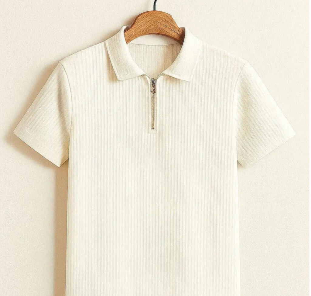 PREMIUM FRILL FABRIC HALF ZIP COLLAR T SHIRT
