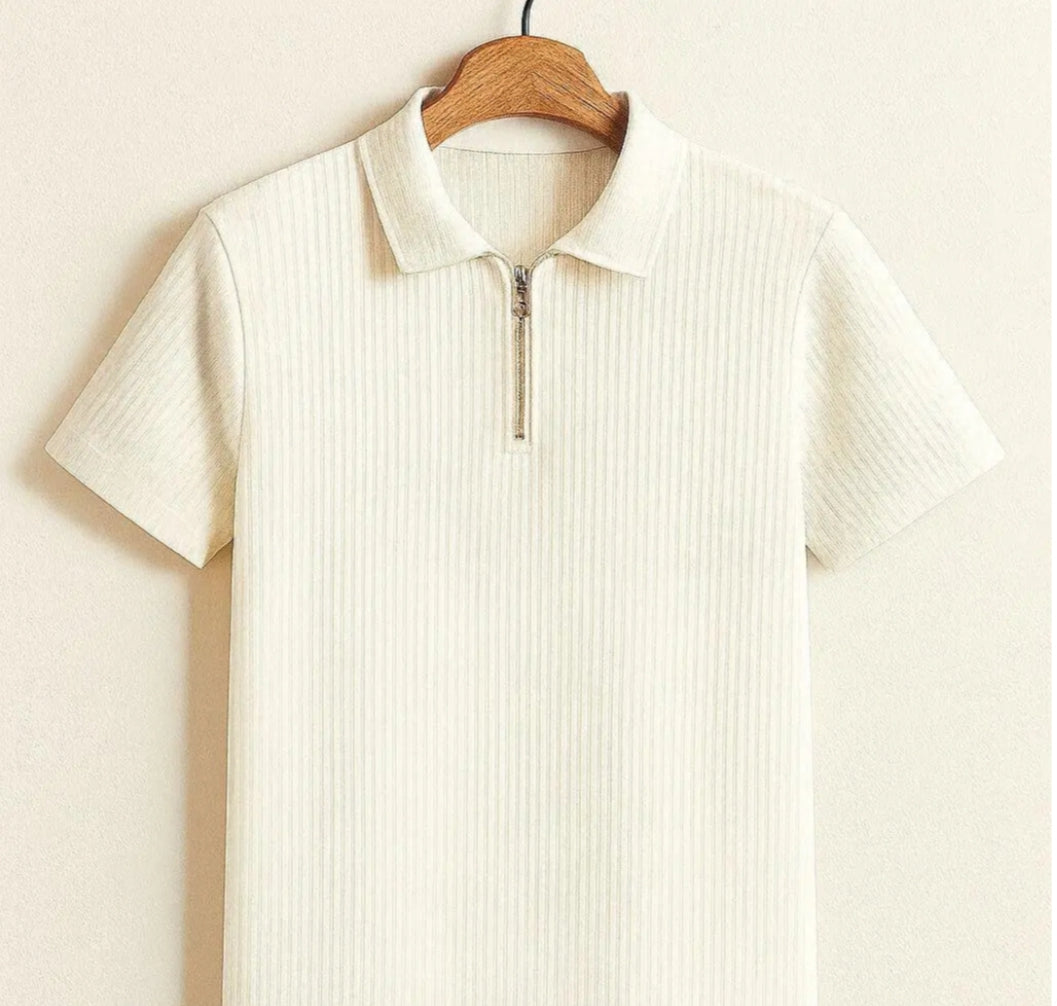 PREMIUM FRILL FABRIC HALF ZIP COLLAR T SHIRT