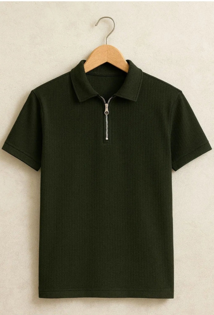 PREMIUM FRILL FABRIC HALF ZIP COLLAR T SHIRT
