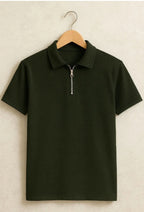 PREMIUM FRILL FABRIC HALF ZIP COLLAR T SHIRT